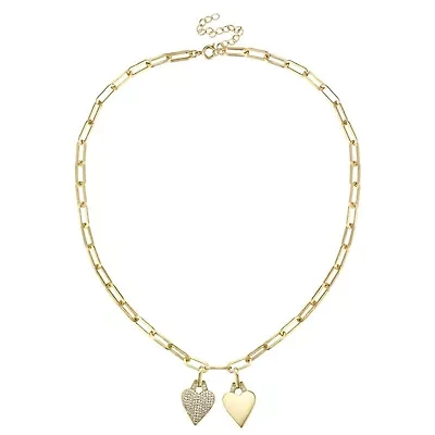 Lab Created 14K Gold Plated with Clear Cubic Zirconia Double Heart Pendant Cable Chain Adjustable Necklace