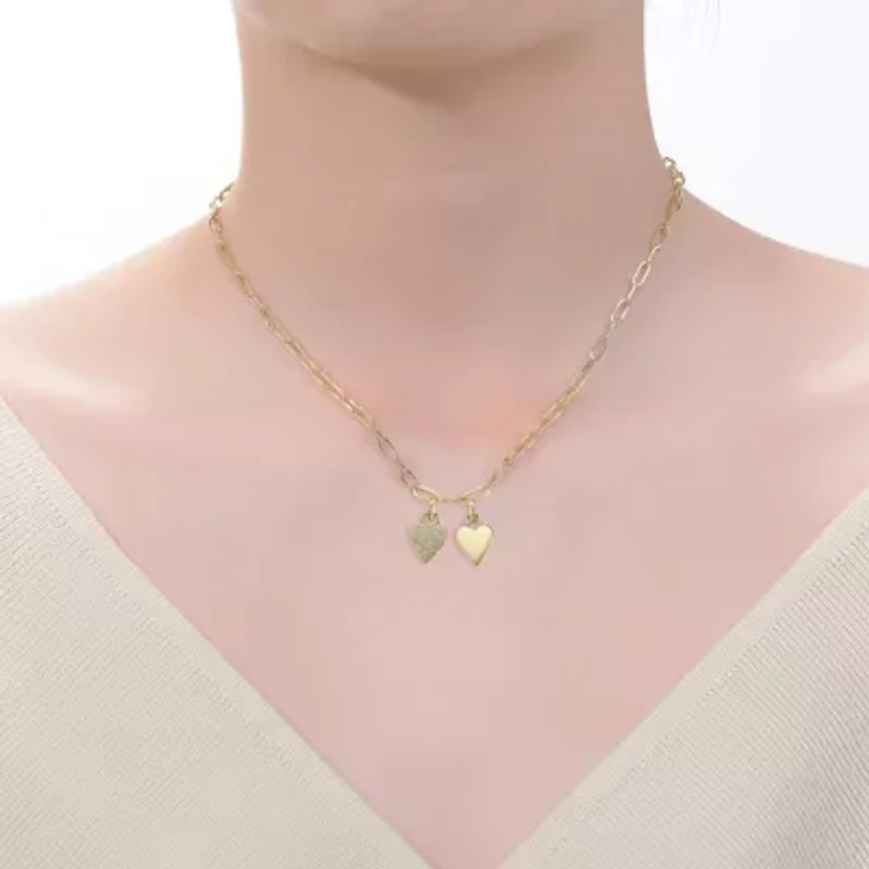 Lab Created 14K Gold Plated with Clear Cubic Zirconia Double Heart Pendant Cable Chain Adjustable Necklace