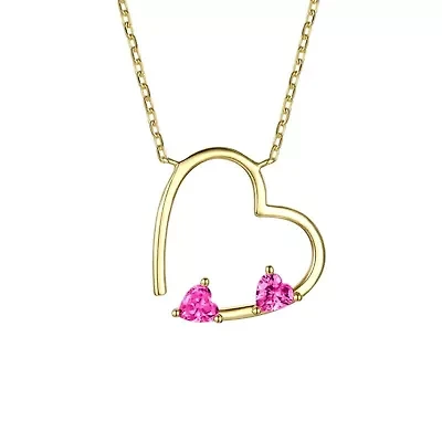 Lab Created 14K Gold Plated with Pink Cubic Zirconia Open Heart Layering Necklace