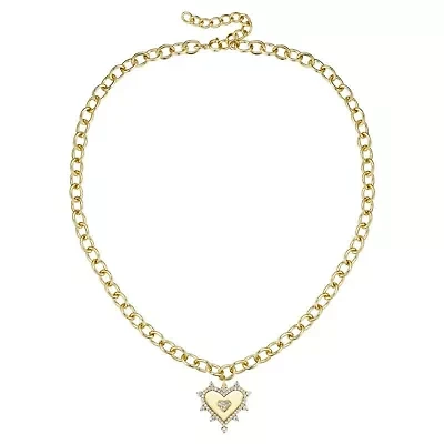 Lab Created 14K Gold Plated with Clear Cubic Zirconia Sunshine Heart Pendant Curb Chain Adjustable Necklace