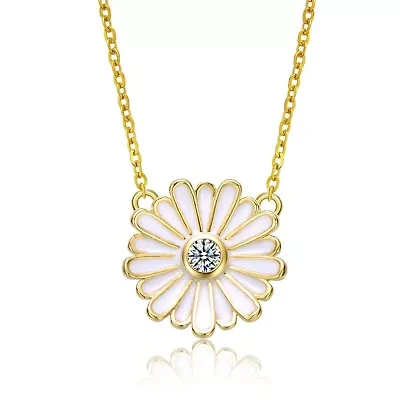 Lab Created 14K Gold Plated with Clear Cluster Cubic Zirconia & White Enamel Mini Daisy Pendant Layering Necklace for Teens