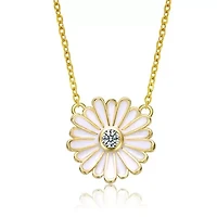 Lab Created 14K Gold Plated with Clear Cluster Cubic Zirconia & White Enamel Mini Daisy Pendant Layering Necklace for Teens