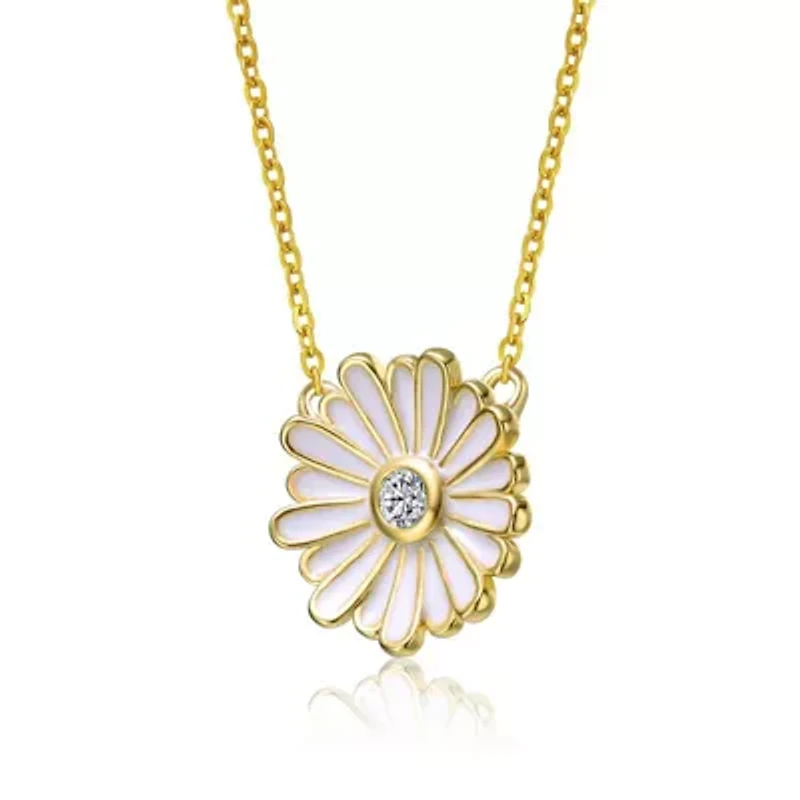 Lab Created 14K Gold Plated with Clear Cluster Cubic Zirconia & White Enamel Mini Daisy Pendant Layering Necklace for Teens