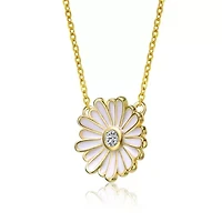 Lab Created 14K Gold Plated with Clear Cluster Cubic Zirconia & White Enamel Mini Daisy Pendant Layering Necklace for Teens