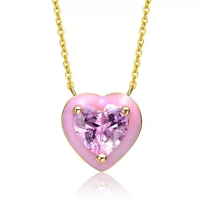Lab Created 14K Gold Plated with Pink Cubic Zirconia Stone Pink Enamel Heart Dainty Pendant for Teens