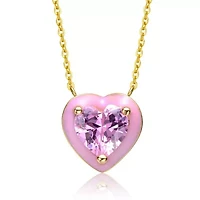 Lab Created 14K Gold Plated with Pink Cubic Zirconia Stone Pink Enamel Heart Dainty Pendant for Teens