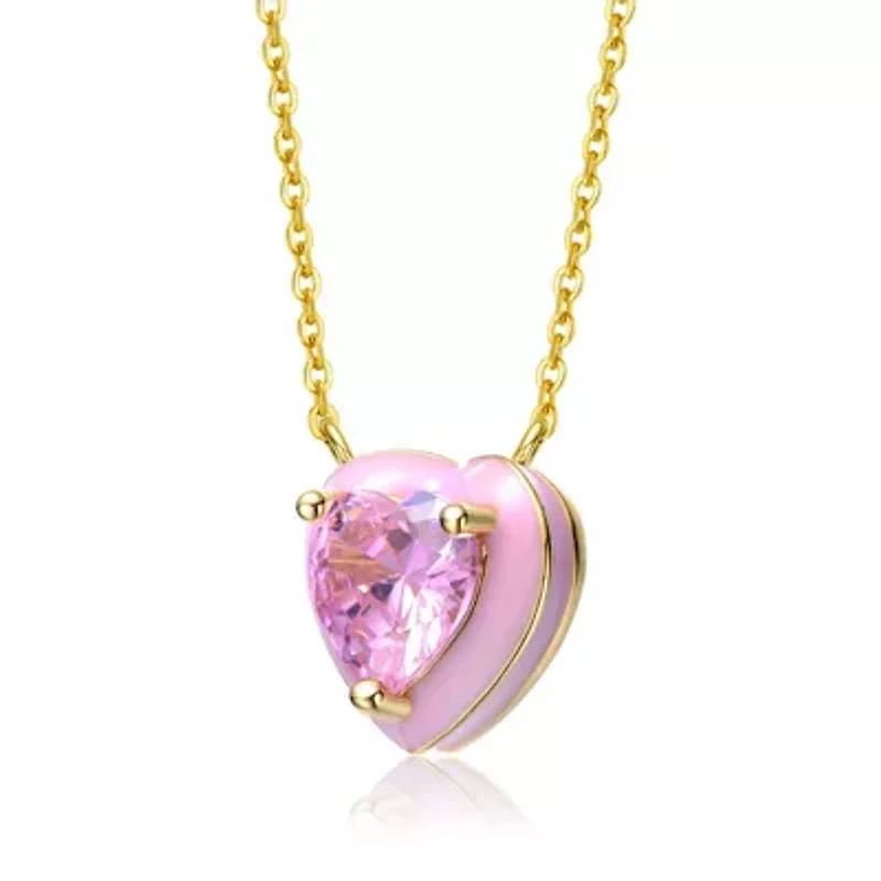Lab Created 14K Gold Plated with Pink Cubic Zirconia Stone Pink Enamel Heart Dainty Pendant for Teens