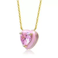 Lab Created 14K Gold Plated with Pink Cubic Zirconia Stone Pink Enamel Heart Dainty Pendant for Teens