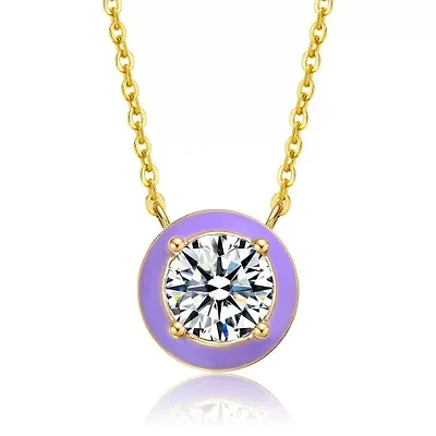 Lab Created 14K Gold with Clear Cubic Zirconia Solitaire Purple Enamel Petite Halo Pendant for Teens
