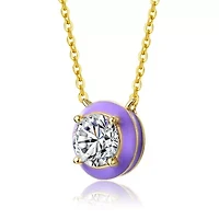 Lab Created 14K Gold with Clear Cubic Zirconia Solitaire Purple Enamel Petite Halo Pendant for Teens