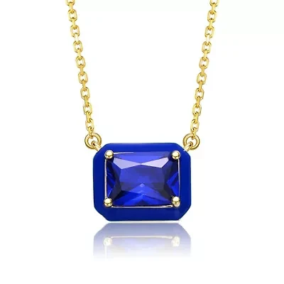 Lab Created 14K Gold Plated with Radiant Cut Blue Cubic Zirconia Solitaire Enamel Halo Petite Pendant Necklace