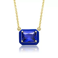 Lab Created 14K Gold Plated with Radiant Cut Blue Cubic Zirconia Solitaire Enamel Halo Petite Pendant Necklace