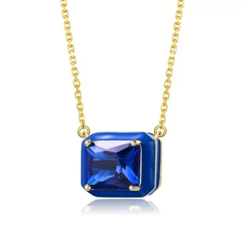 Lab Created 14K Gold Plated with Radiant Cut Blue Cubic Zirconia Solitaire Enamel Halo Petite Pendant Necklace