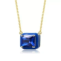 Lab Created 14K Gold Plated with Radiant Cut Blue Cubic Zirconia Solitaire Enamel Halo Petite Pendant Necklace