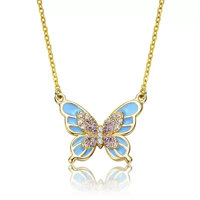Lab Created 14K Gold Plated with Amethyst Cubic Zirconia & Blue Topaz Enamel Butterfly Pendant Necklace for Kids