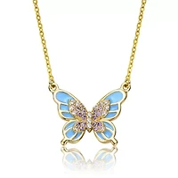 Lab Created 14K Gold Plated with Amethyst Cubic Zirconia & Blue Topaz Enamel Butterfly Pendant Necklace for Kids