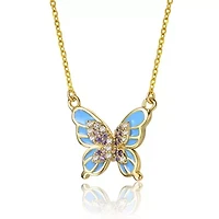 Lab Created 14K Gold Plated with Amethyst Cubic Zirconia & Blue Topaz Enamel Butterfly Pendant Necklace for Kids