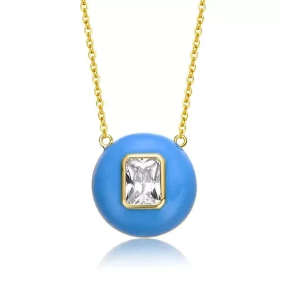 Lab Created 14K Gold Plated with Clear Cubic Zirconia & Blue Enamel Small Round Pendant Necklace for Kids