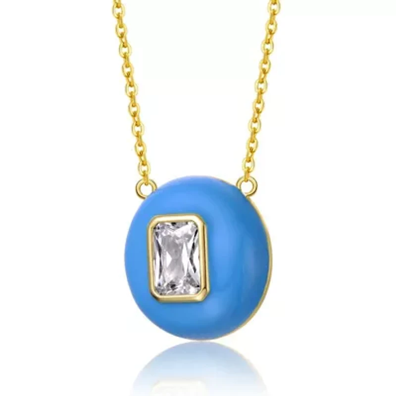 Lab Created 14K Gold Plated with Clear Cubic Zirconia & Blue Enamel Small Round Pendant Necklace for Kids