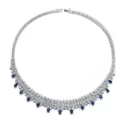 Lab Created Rozzato Radiant Elegance White Gold Plated with Sapphire Blue Cubic Zirconia Drop Tennis Necklace