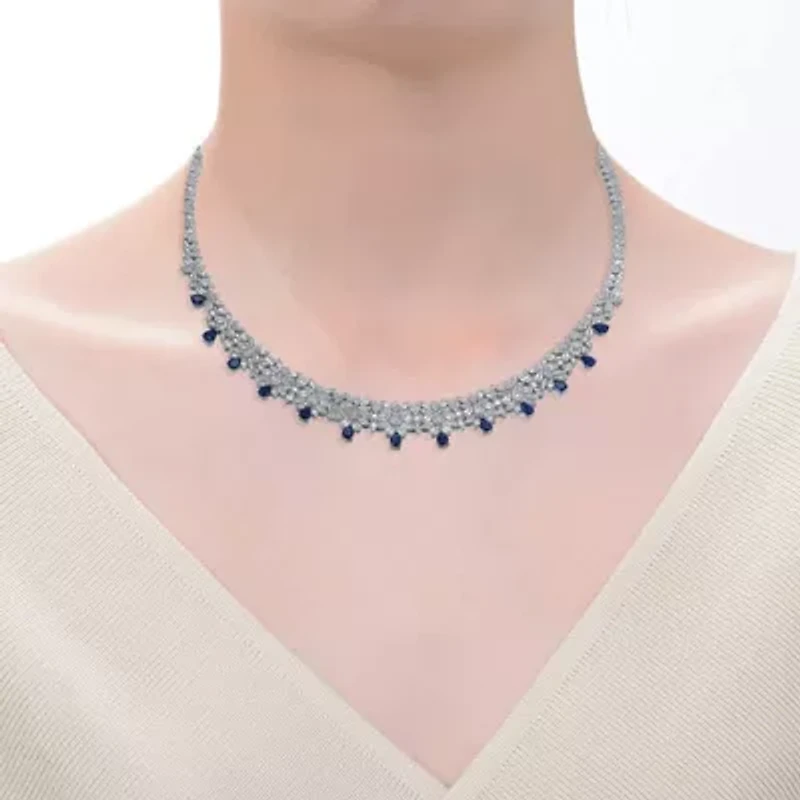 Lab Created Rozzato Radiant Elegance White Gold Plated with Sapphire Blue Cubic Zirconia Drop Tennis Necklace