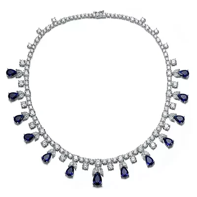 Lab Created Rozzato White Gold Plated with Sapphire Blue Cubic Zirconia Station Necklace