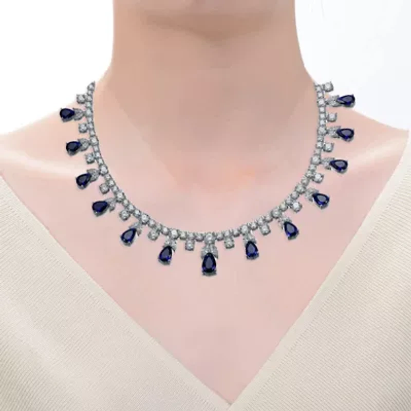 Lab Created Rozzato White Gold Plated with Sapphire Blue Cubic Zirconia Station Necklace