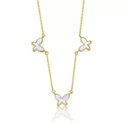 Lab Created 14K Gold Plated with White Mother of Pearl Triple Charm Butterfly Necklace for Kids/Teens
