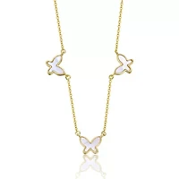 Lab Created 14K Gold Plated with White Mother of Pearl Triple Charm Butterfly Necklace for Kids/Teens