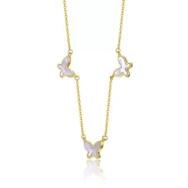 Lab Created 14K Gold Plated with White Mother of Pearl Triple Charm Butterfly Necklace for Kids/Teens