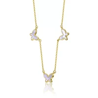 Lab Created 14K Gold Plated with White Mother of Pearl Triple Charm Butterfly Necklace for Kids/Teens