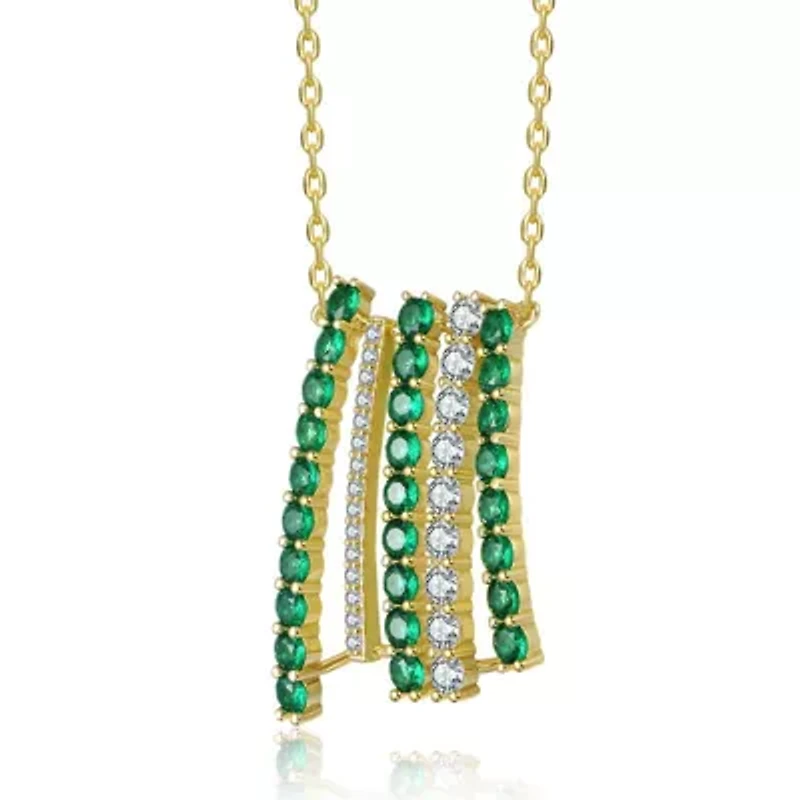 Lab Created Rozzato 14K Gold Plated with Clear & Emerald Green Cubic Zirconia Bar Pendant Necklace