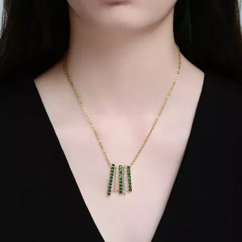 Lab Created Rozzato 14K Gold Plated with Clear & Emerald Green Cubic Zirconia Bar Pendant Necklace