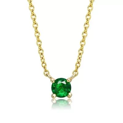 Lab Created 14K Gold Plated with Emerald Green Cubic Zirconia Solitaire Necklace for Kids/Teens