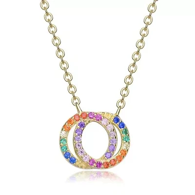 Lab Created 14K Gold Plated with Multi-Colored Cubic Zirconia Double Circle Pendant Necklace for Kids/Teens