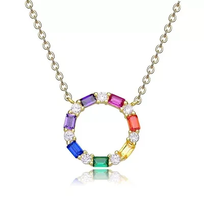 Lab Created 14K Gold Plated with Colored Cubic Zirconia Circle Pendant Necklace