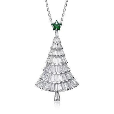 Lab Created White Gold Plating with Clear & Emerald Green Cubic Zirconia Festive Christmas Tree Pendant/Brooch
