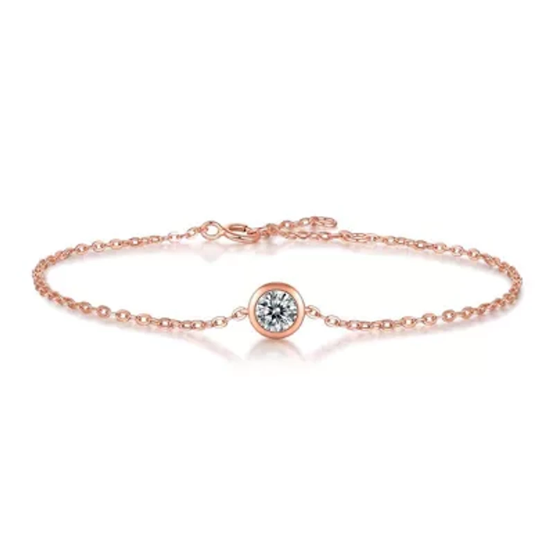 Sterling Silver 18K Rose Gold Plated with 0.50ct Lab Created Moissanite Solitaire Station Charm Adjustable Bracelet