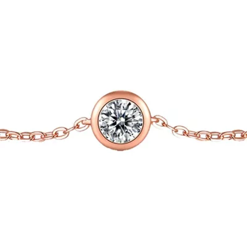 Sterling Silver 18K Rose Gold Plated with 0.50ct Lab Created Moissanite Solitaire Station Charm Adjustable Bracelet