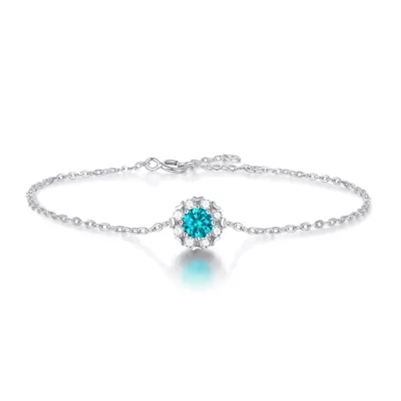 Sterling Silver White Gold Plated with 0.50ctw Lab Created Moissanite & Blue Topaz Round Halo Adjustable Station Charm Bracelet