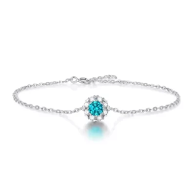Sterling Silver White Gold Plated with 0.50ctw Lab Created Moissanite & Blue Topaz Round Halo Adjustable Station Charm Bracelet