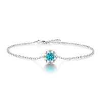 Sterling Silver White Gold Plated with 0.50ctw Lab Created Moissanite & Blue Topaz Round Halo Adjustable Station Charm Bracelet