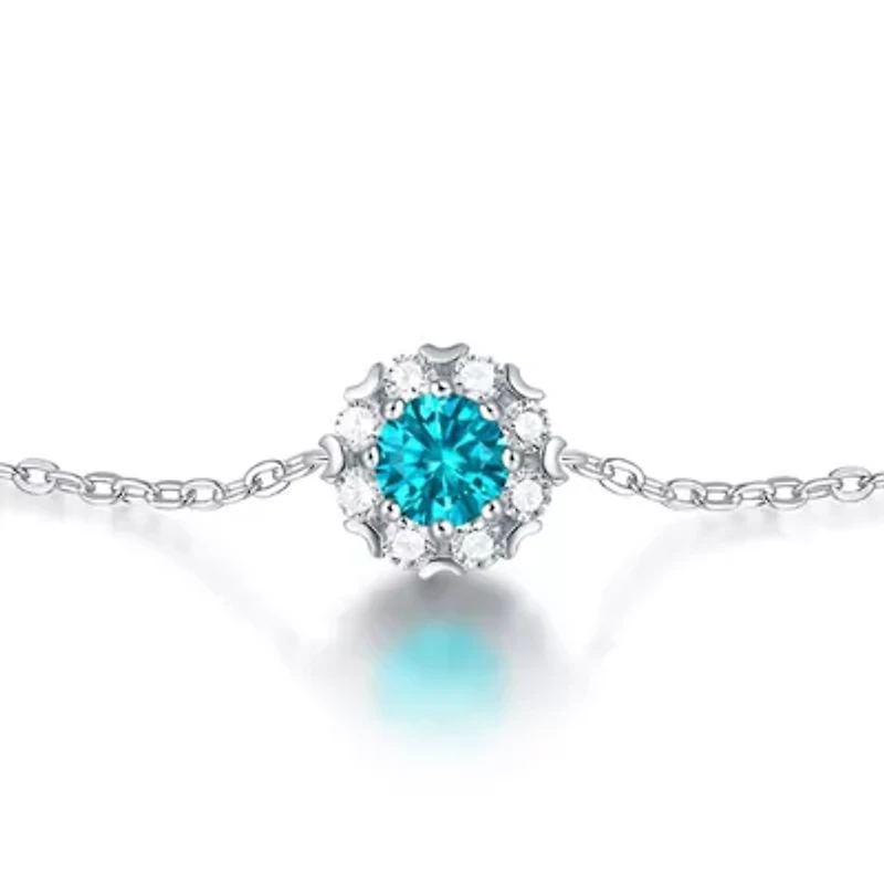 Sterling Silver White Gold Plated with 0.50ctw Lab Created Moissanite & Blue Topaz Round Halo Adjustable Station Charm Bracelet