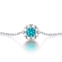 Sterling Silver White Gold Plated with 0.50ctw Lab Created Moissanite & Blue Topaz Round Halo Adjustable Station Charm Bracelet