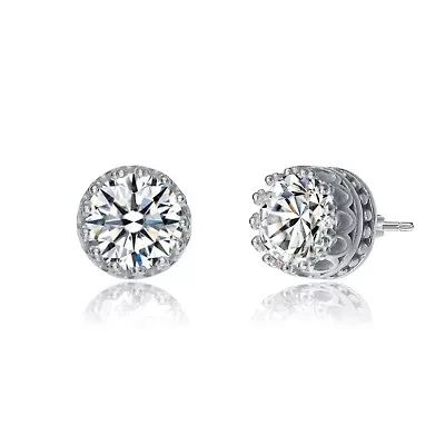 Sterling Silver White Gold Plated with 2.40ctw Lab Created Moissanite Solitaire Princess Queen Crown Stud Earrings