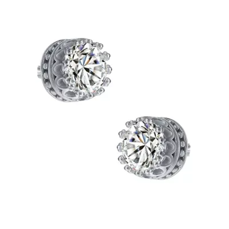 Sterling Silver White Gold Plated with 2.40ctw Lab Created Moissanite Solitaire Princess Queen Crown Stud Earrings