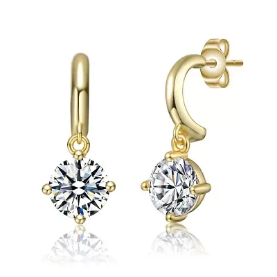 Sterling Silver 14K Gold Plated with Lab Created Moissanite Solitaire C-Hoop Dangle Earrings