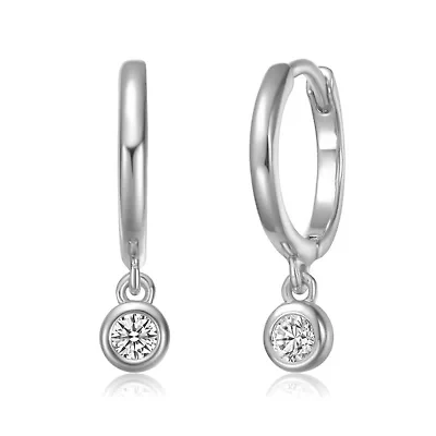 Sterling Silver White Gold Plated with Lab Created Moissanite Drop Solitaire Hoop Earrings