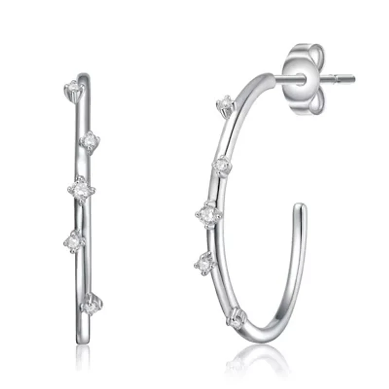 Sterling Silver White Gold Plated with 0.09ct Lab Created Moissanite Station C-Hoop Earrings