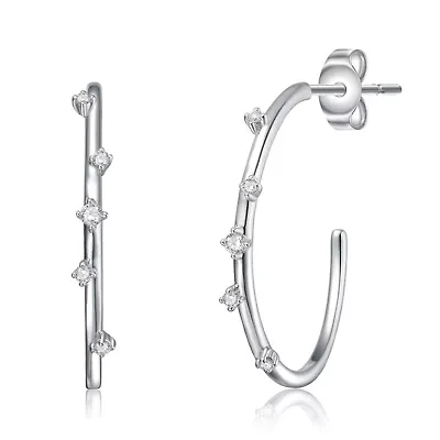Sterling Silver White Gold Plated with 0.09ct Lab Created Moissanite Station C-Hoop Earrings